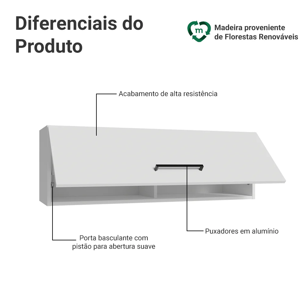 Armário Aéreo 100 cm 1 Porta Basculante Branco Agata Madesa - Image 3
