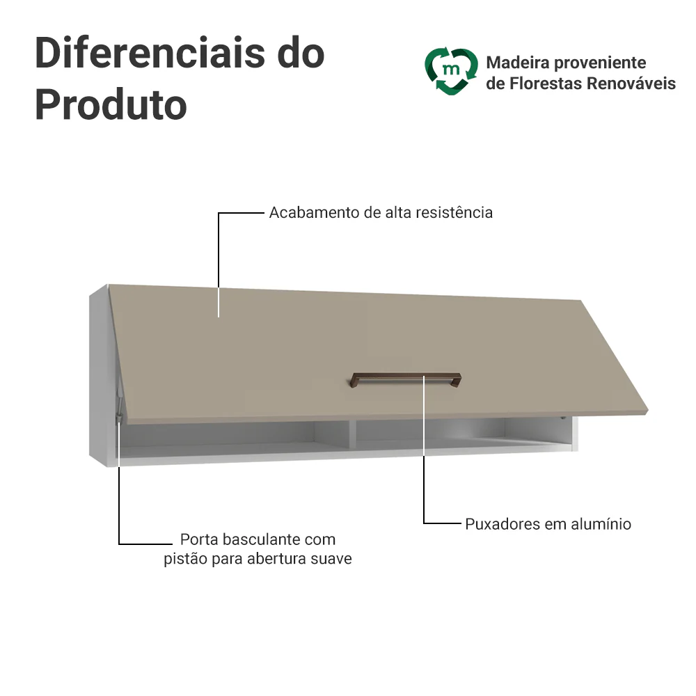 Armário Aéreo 100 cm 1 Porta Basculante Branco/Crema Agata Madesa - Image 3