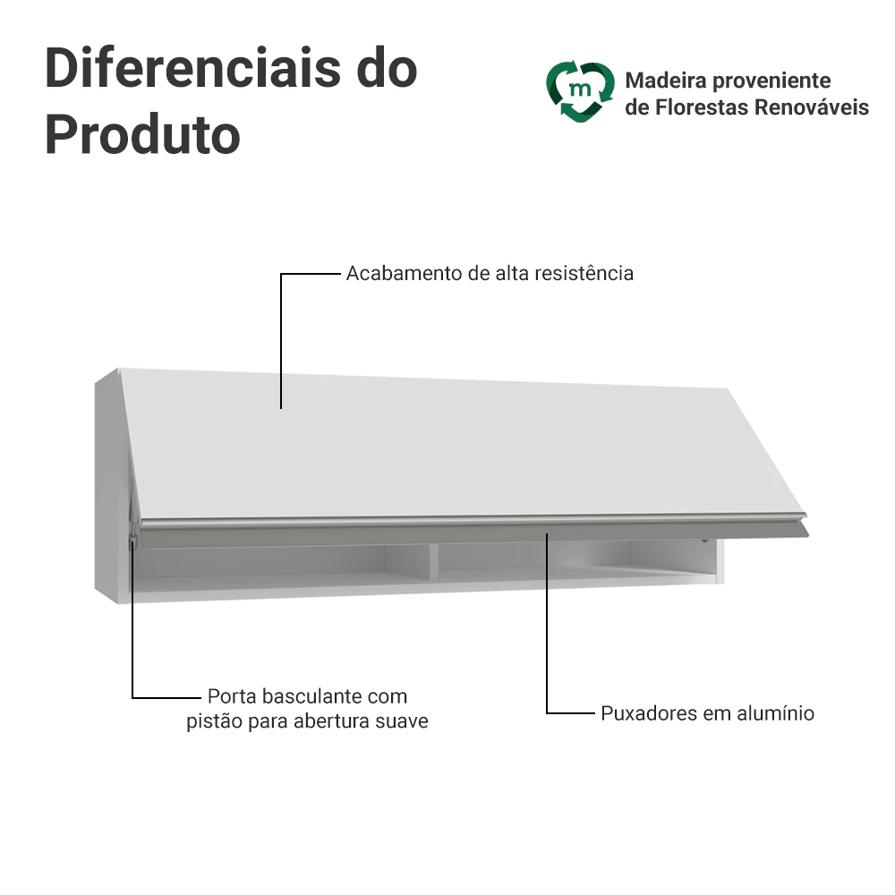 Armário Aéreo 100 cm 1 Porta Basculante Branco Glamy Madesa - Image 3