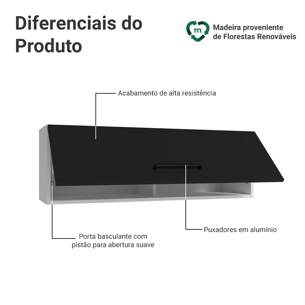 Armário Aéreo 100 cm 1 Porta Basculante Branco/Preto Agata Madesa - Image 3