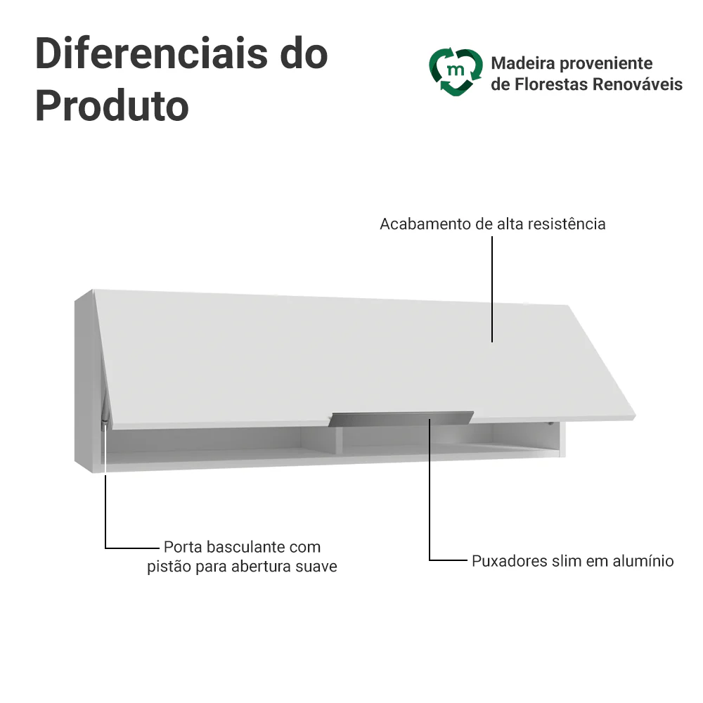Armário Aéreo 100 cm 1 Porta Basculante Branco Stella Madesa - Image 3