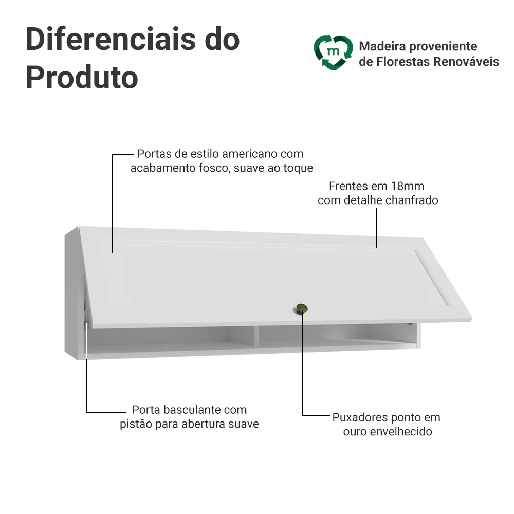 Armário Aéreo 100 cm 1 Porta Basculante Branco Vik Madesa - Image 3