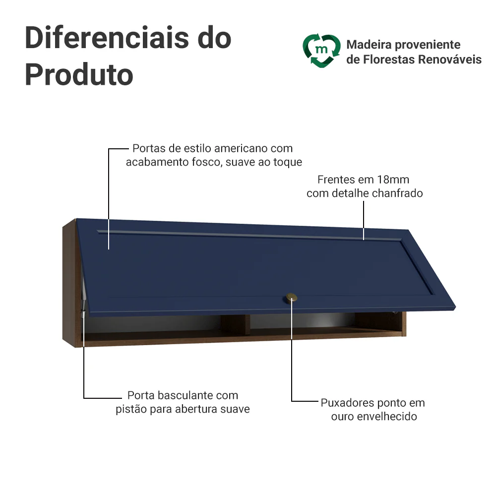 Armário Aéreo 100 cm 1 Porta Basculante Rustic/Azul Vik Madesa - Image 3