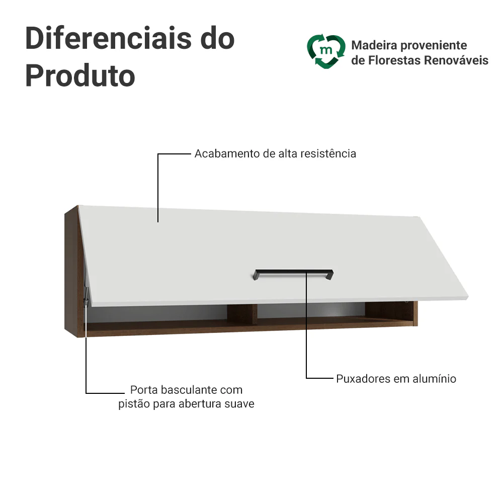 Armário Aéreo 100 cm 1 Porta Basculante Rustic/Branco Agata Madesa - Image 3