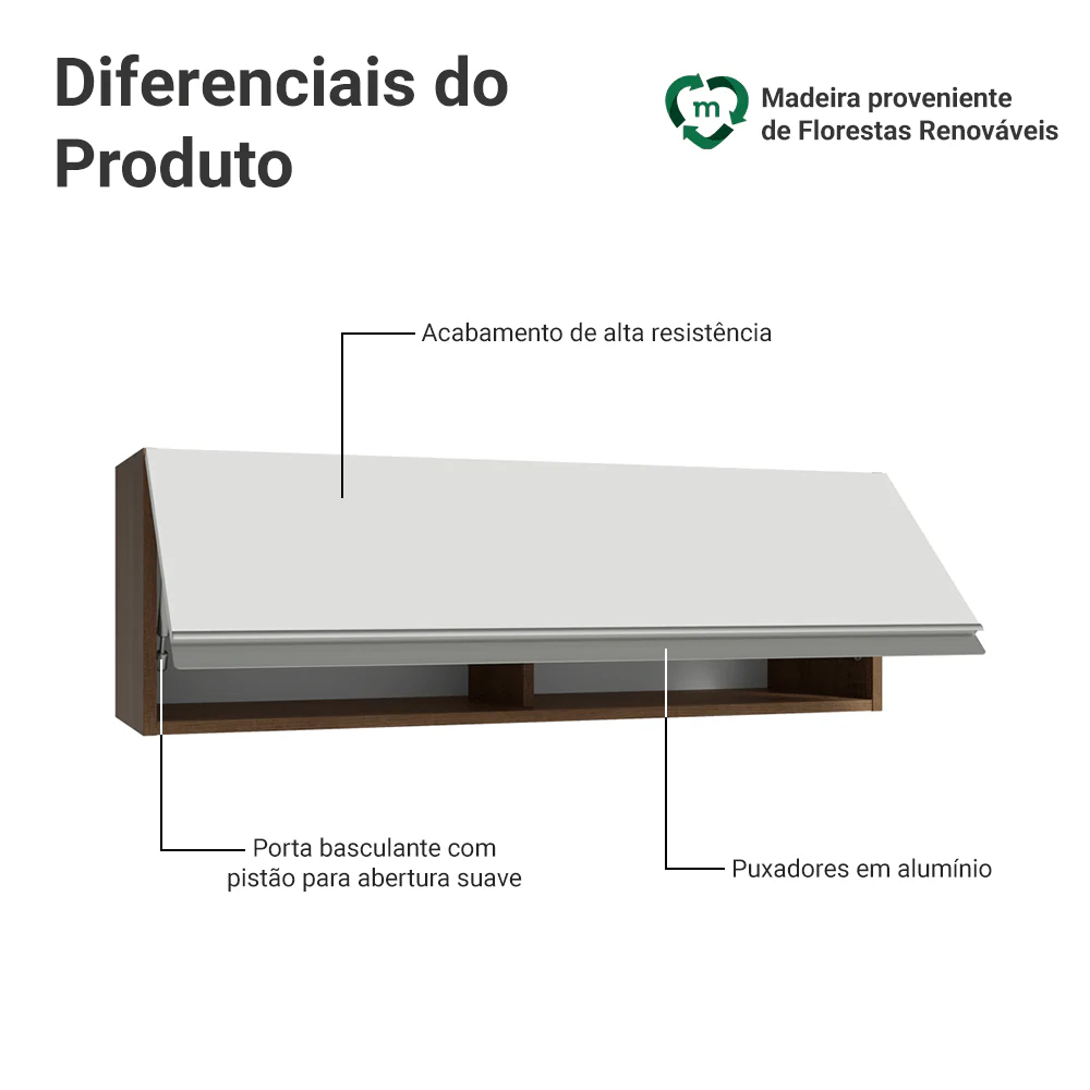 Armário Aéreo 100 cm 1 Porta Basculante Rustic/Branco Glamy Madesa - Image 3