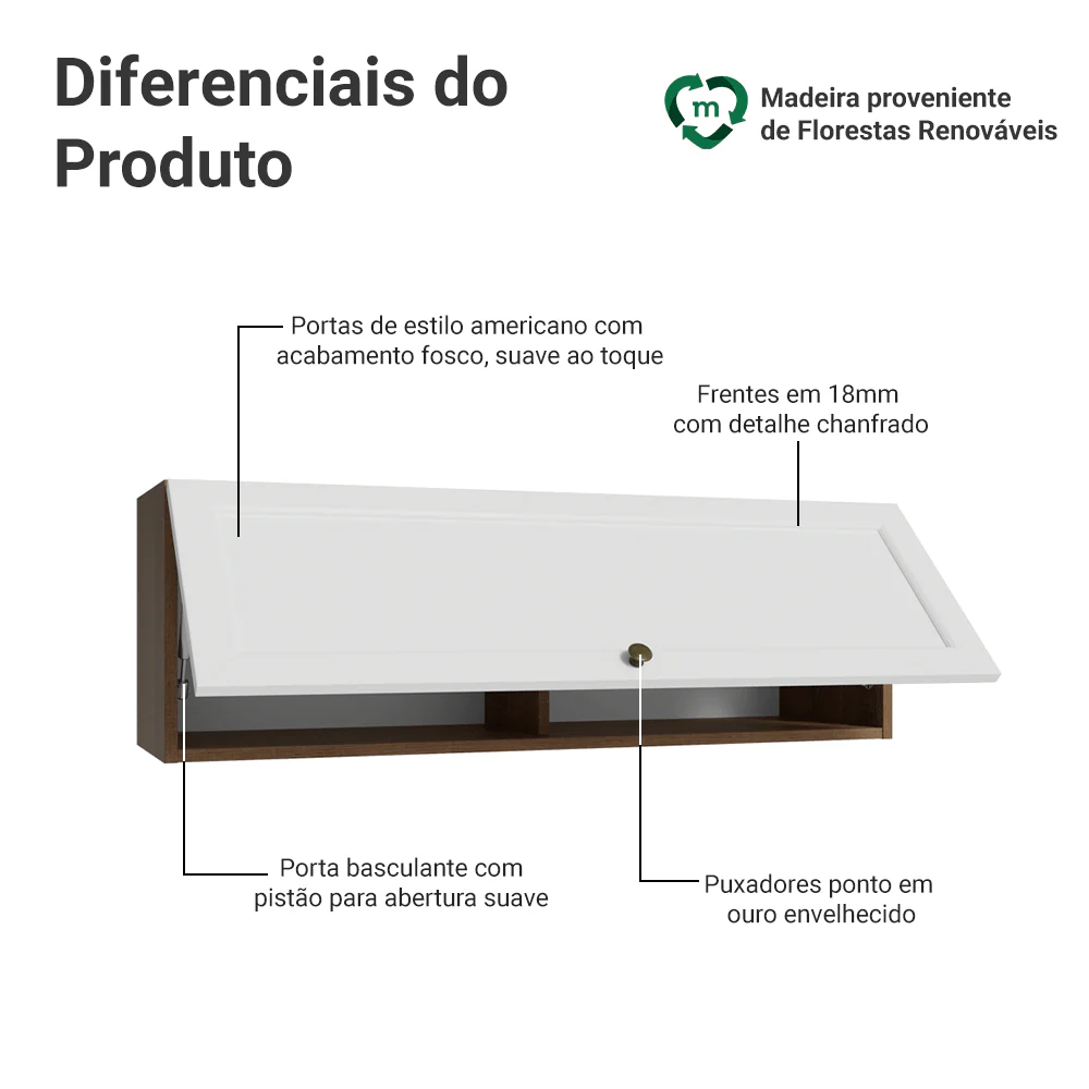 Armário Aéreo 100 cm 1 Porta Basculante Rustic/Branco Vik Madesa - Image 3
