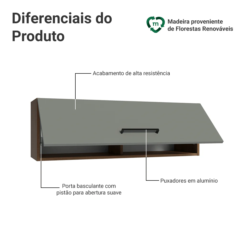 Armário Aéreo 100 cm 1 Porta Basculante Rustic/Cinza Agata Madesa - Image 3