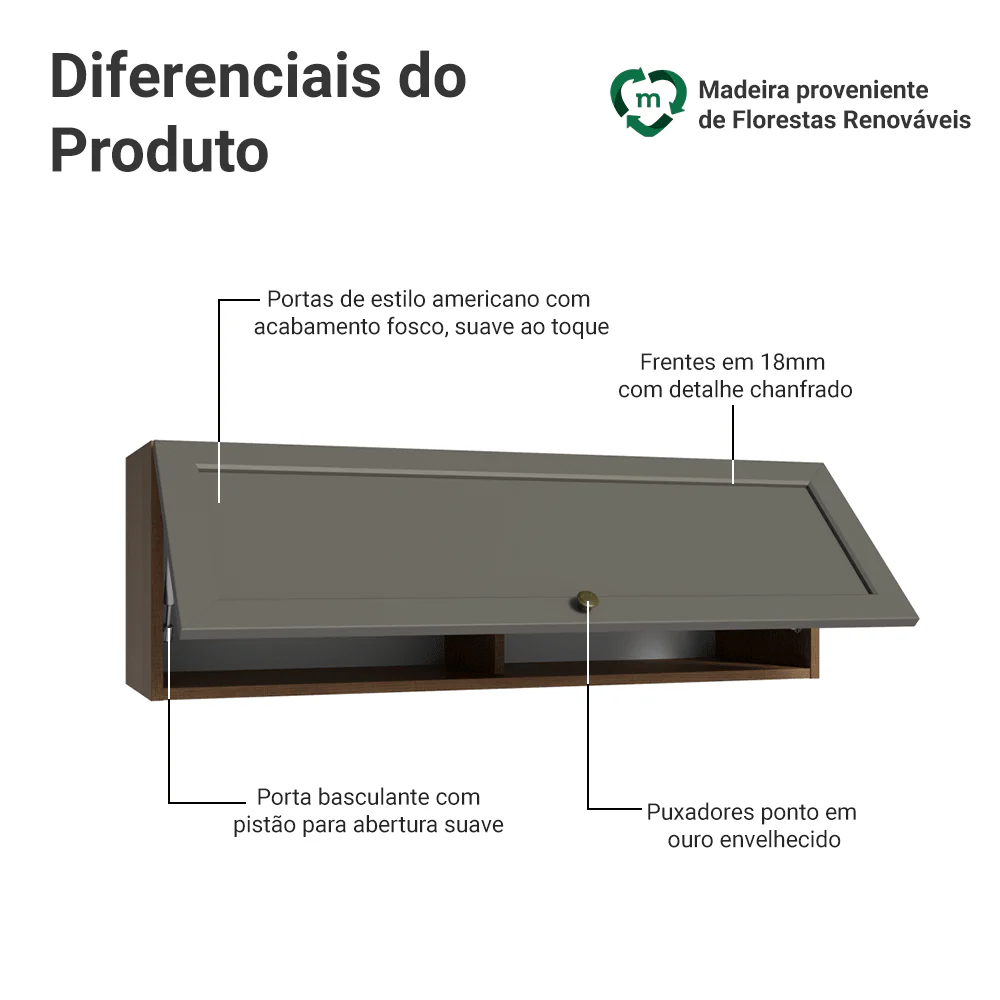 Armário Aéreo 100 cm 1 Porta Basculante Rustic/Cinza Vik Madesa - Image 3