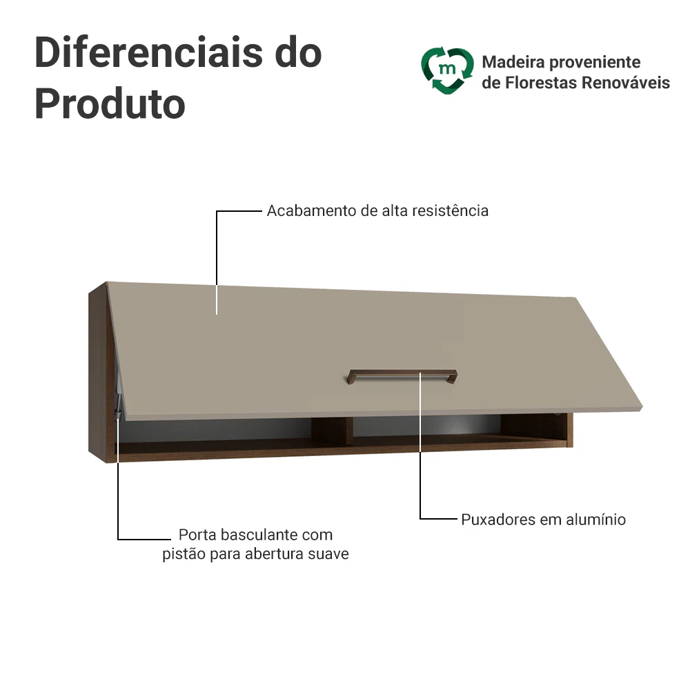 Armário Aéreo 100 cm 1 Porta Basculante Rustic/Crema Agata Madesa - Image 3
