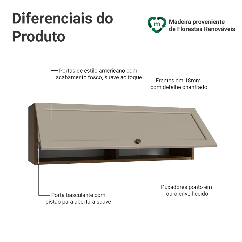 Armário Aéreo 100 cm 1 Porta Basculante Rustic/Crema Vik Madesa - Image 3