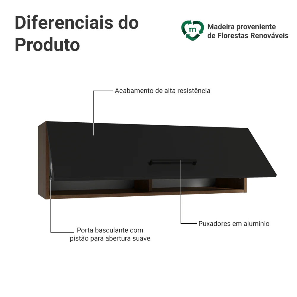 Armário Aéreo 100 cm 1 Porta Basculante Rustic/Preto Agata Madesa - Image 3
