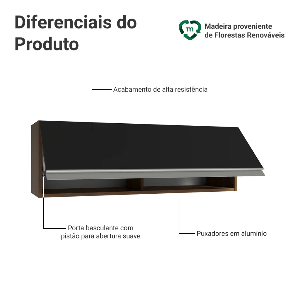 Armário Aéreo 100 cm 1 Porta Basculante Rustic/Preto Glamy Madesa - Image 3