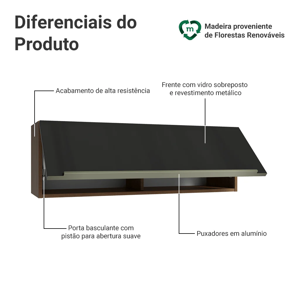 Armário Aéreo 100 cm 1 Porta Basculante Rustic/Preto Lux Madesa - Image 3