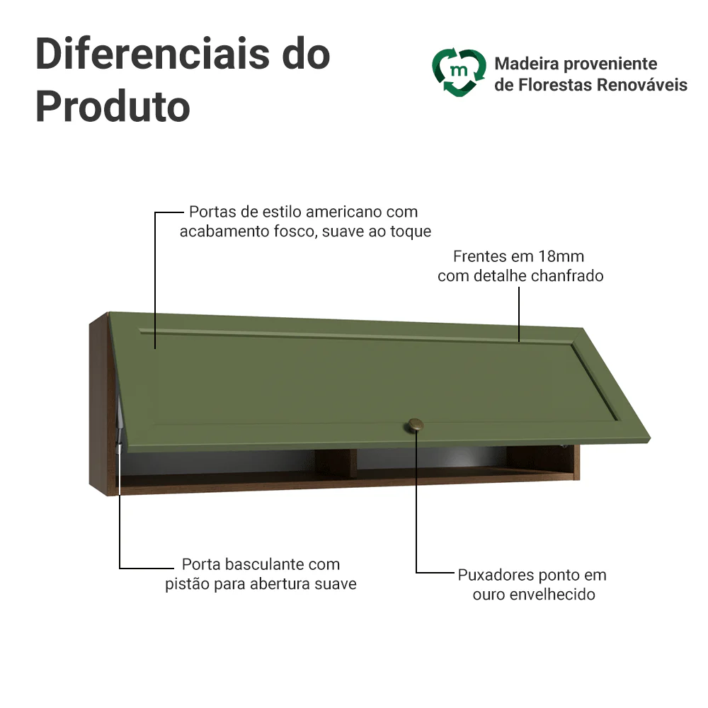 Armário Aéreo 100 cm 1 Porta Basculante Rustic/Verde Vik Madesa - Image 3