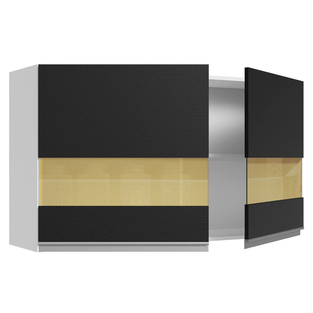 Armário Aéreo 100% MDF 120 cm 2 Portas Vidro Reflex Branco/Preto Acordes Madesa - Image 4