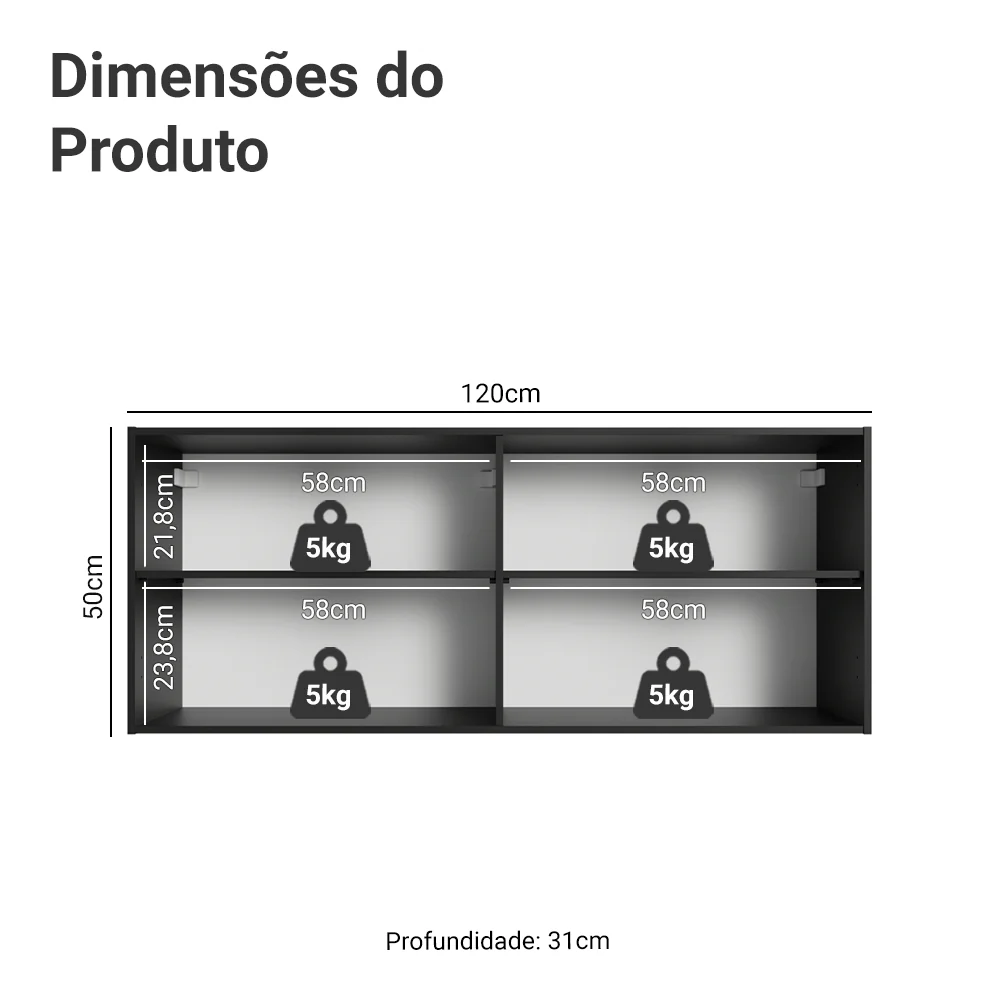 Armário Aéreo 120 cm 2 Portas Preto Nice Madesa - Image 2