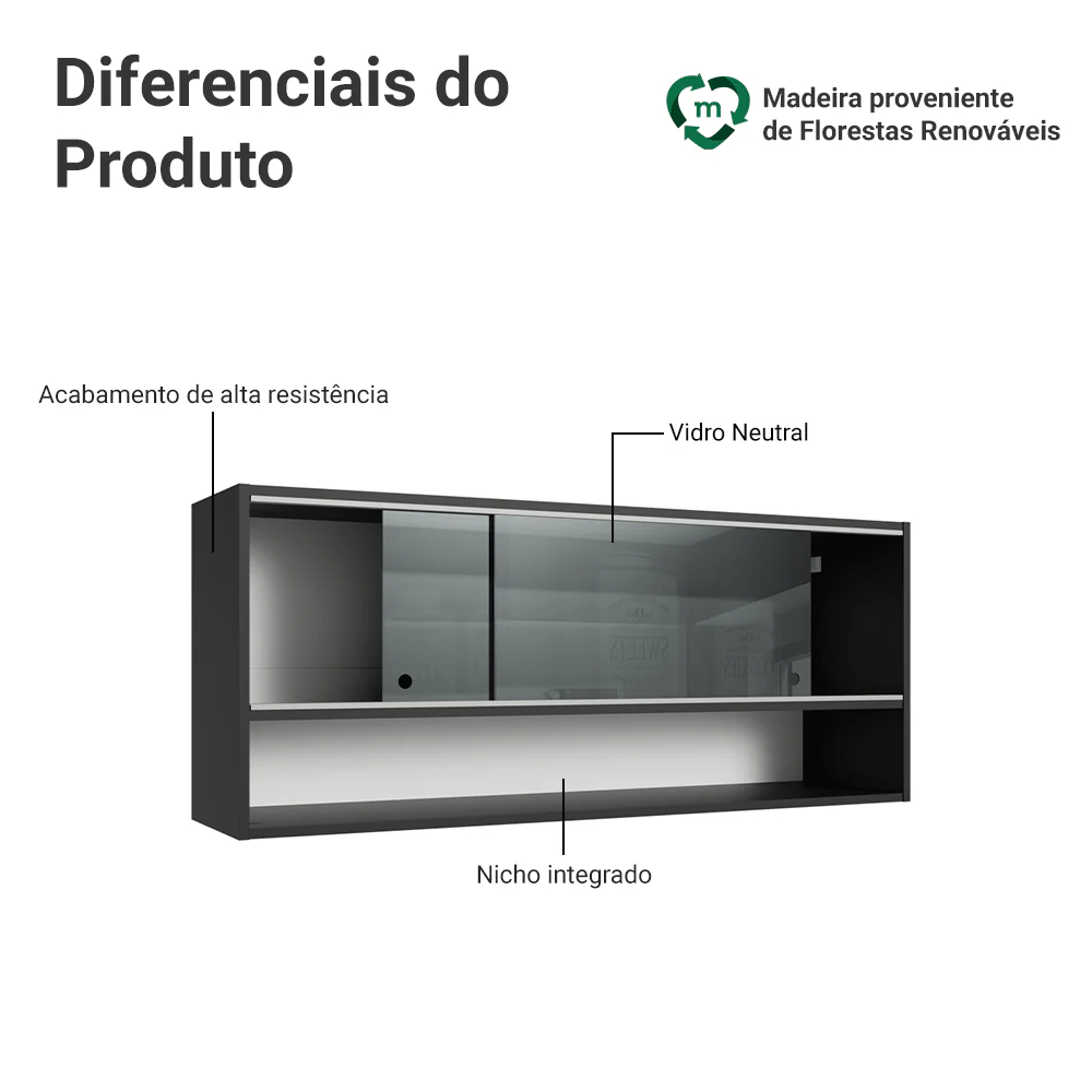 Armário Aéreo 2 Portas de Correr de Vidro Neutral e 1 Nicho Preto Madesa - Image 3