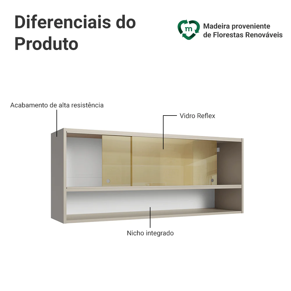 Armário Aéreo 2 Portas de Correr de Vidro Reflex e 1 Nicho Crema Nice Madesa - Image 3