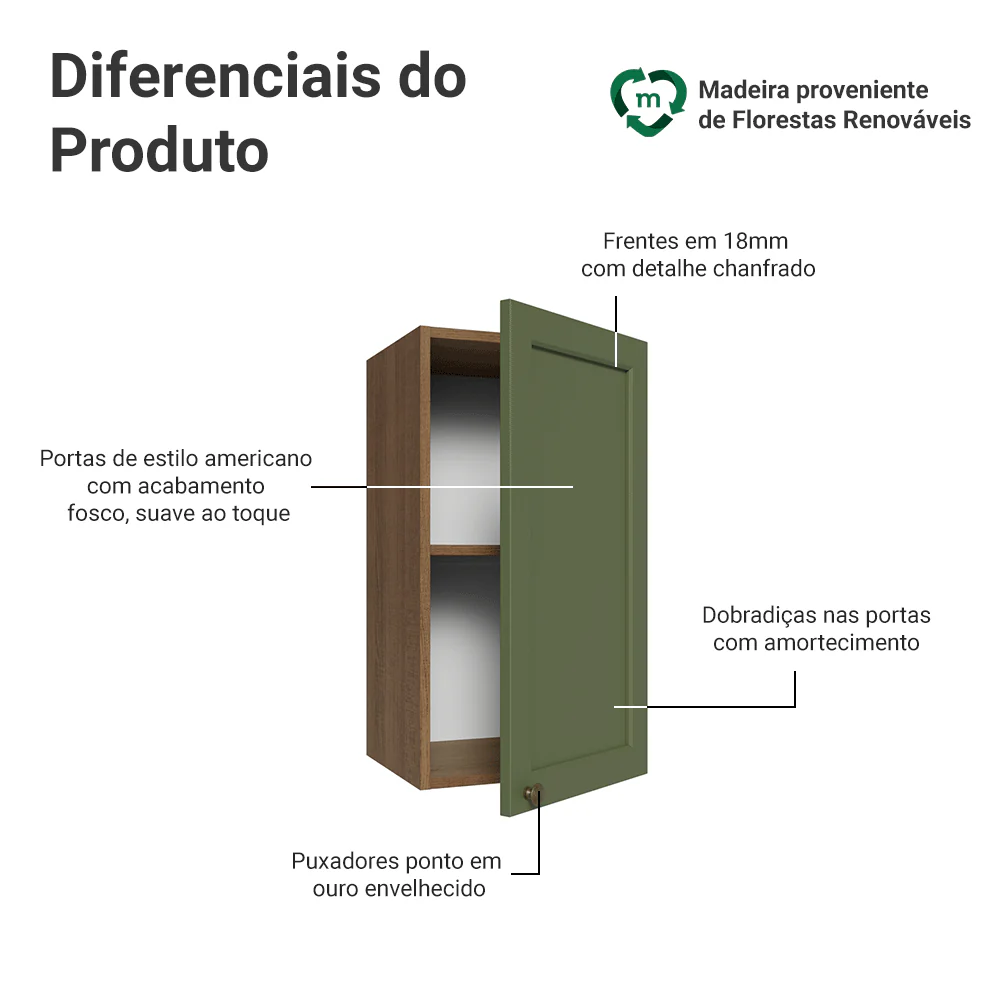 Armário Aéreo 35 cm 1 Porta Rustic/Verde Vik Madesa - Image 3