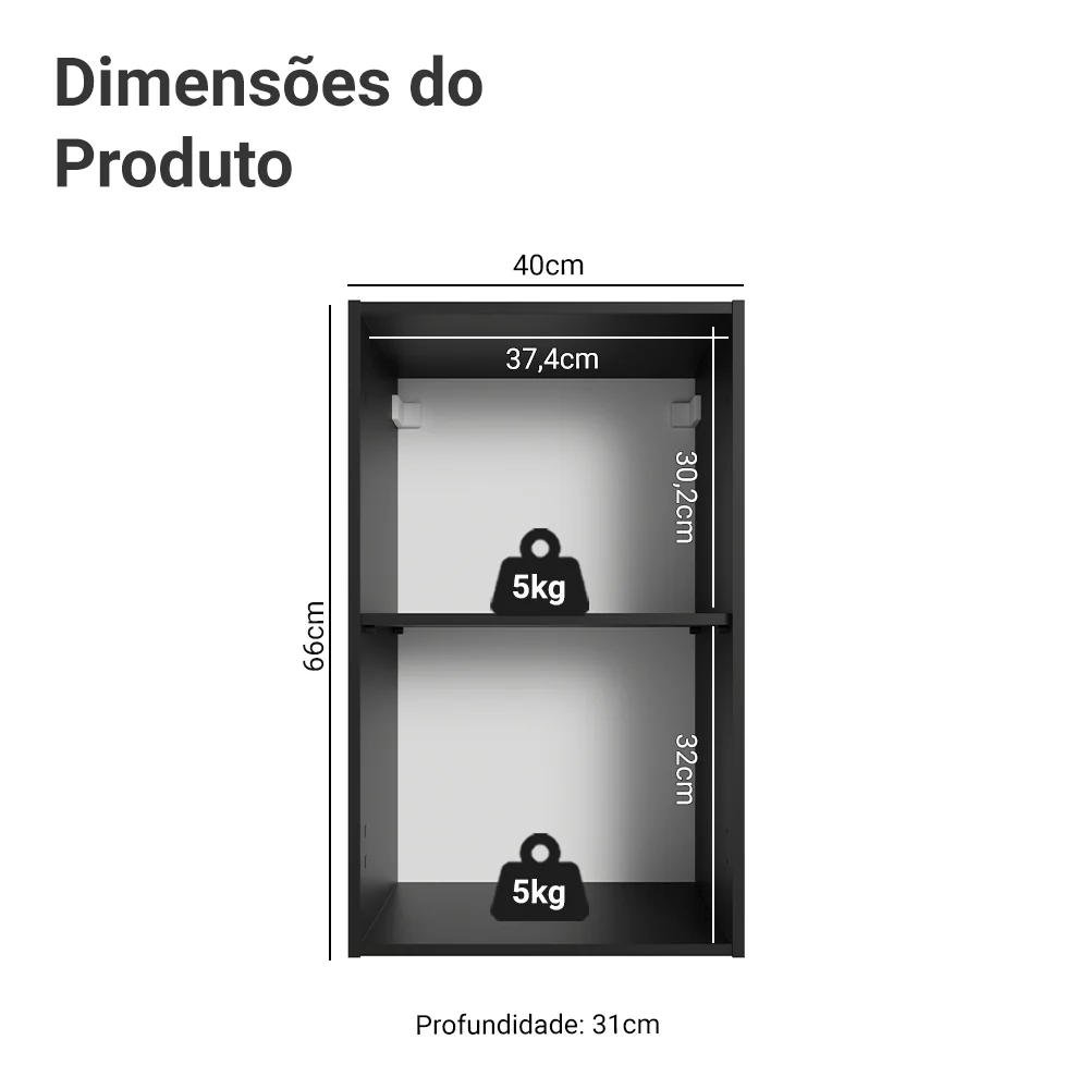 Armário Aéreo 40 cm 1 Porta Preto Nice Madesa - Image 2
