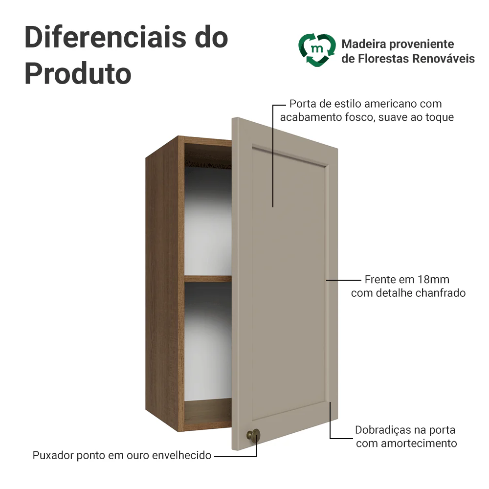 Armário Aéreo 40 cm 1 Porta Rustic/Crema Vik Madesa - Image 3