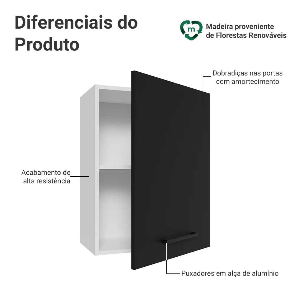 Armário Aéreo 50cm 1 Porta Branco/Preto Agata Madesa - Image 3