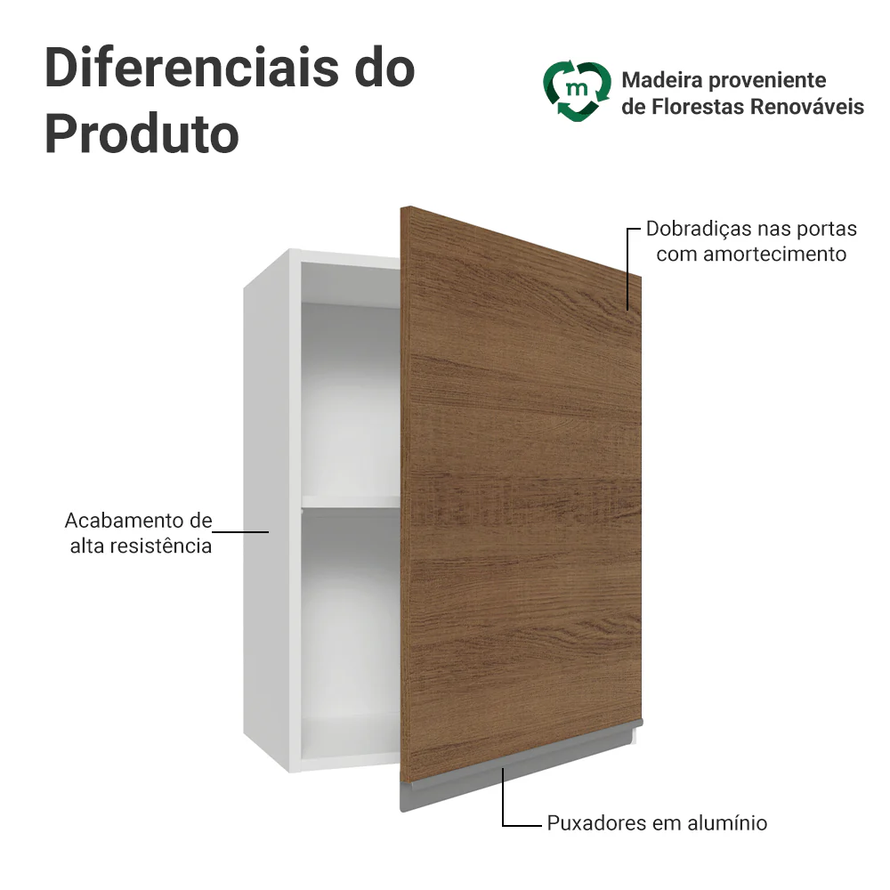 Armário Aéreo 50cm 1 Porta Branco/Rustic Glamy Madesa - Image 3