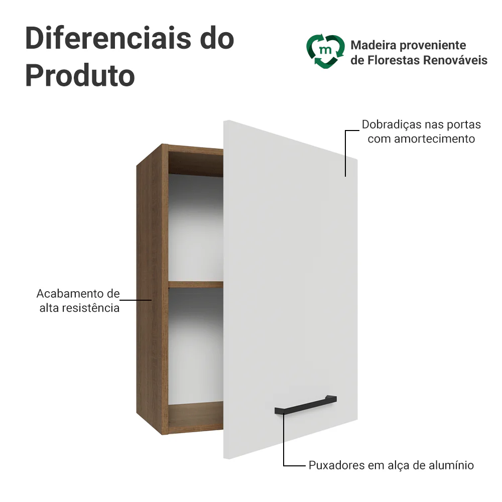 Armário Aéreo 50cm 1 Porta Rustic/Branco Agata Madesa - Image 3