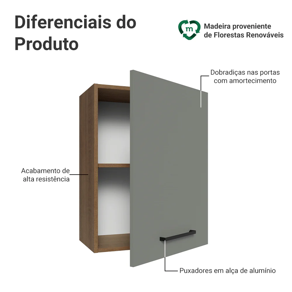 Armário Aéreo 50cm 1 Porta Rustic/Cinza Agata Madesa - Image 3