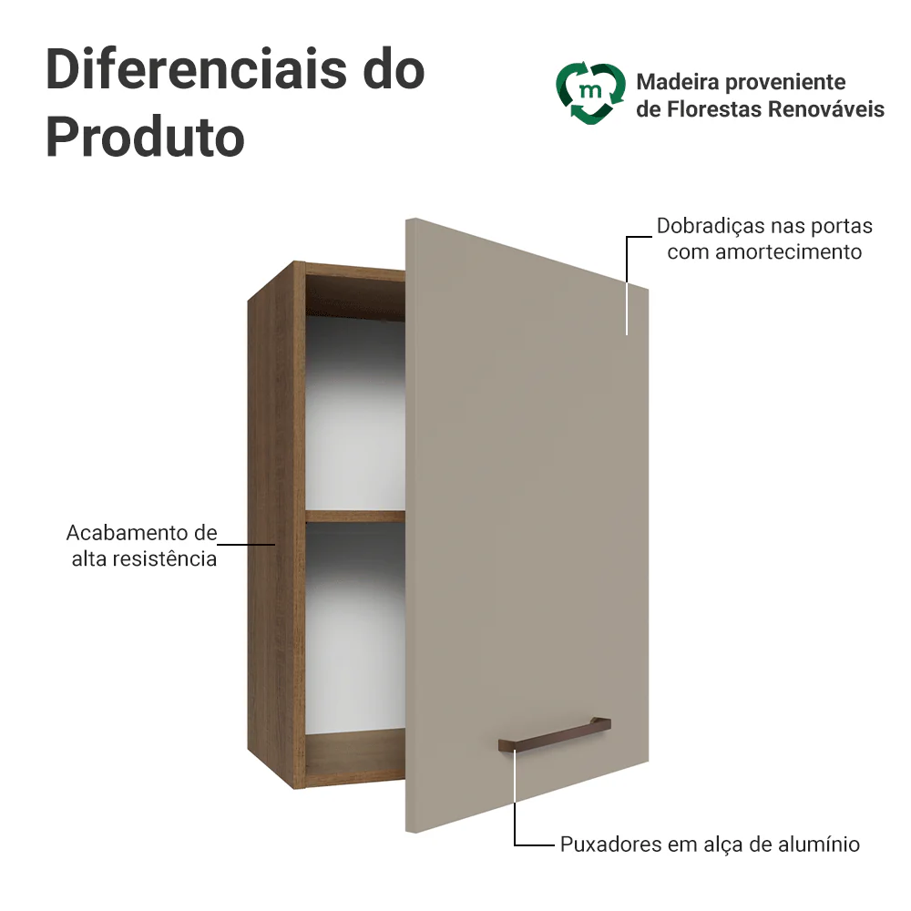Armário Aéreo 50cm 1 Porta Rustic/Crema Agata Madesa - Image 3