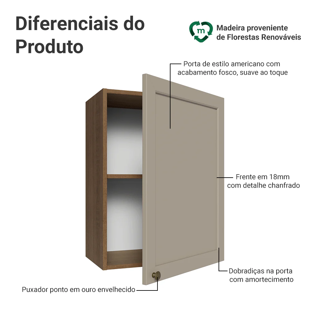 Armário Aéreo 50cm 1 Porta Rustic/Crema Vik Madesa - Image 3