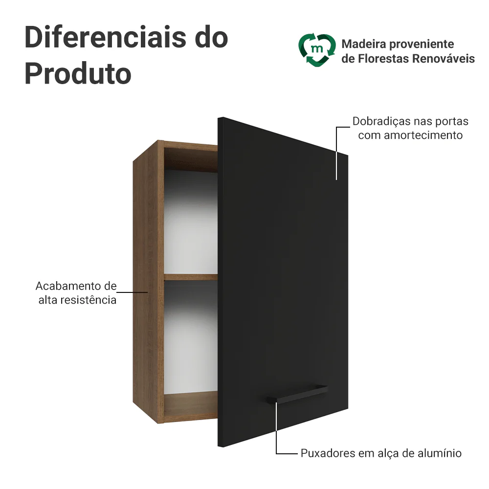 Armário Aéreo 50cm 1 Porta Rustic/Preto Agata Madesa - Image 3