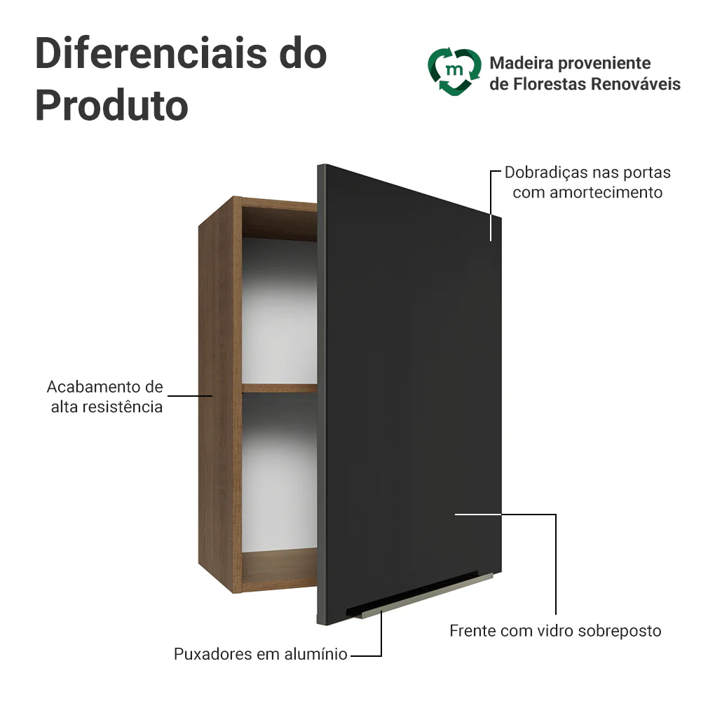 Armário Aéreo 50cm 1 Porta Rustic/Preto Lux Madesa - Image 3