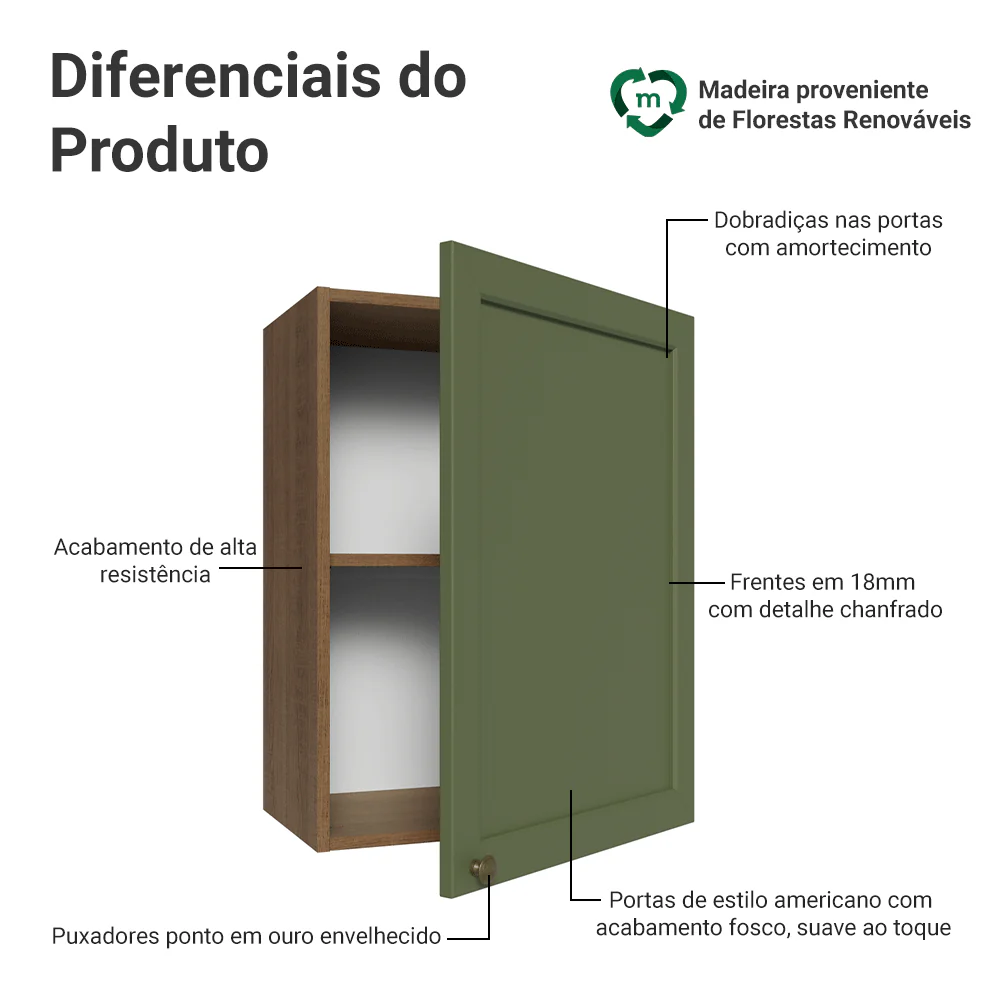Armário Aéreo 50cm 1 Porta Rustic/Verde Vik Madesa - Image 3