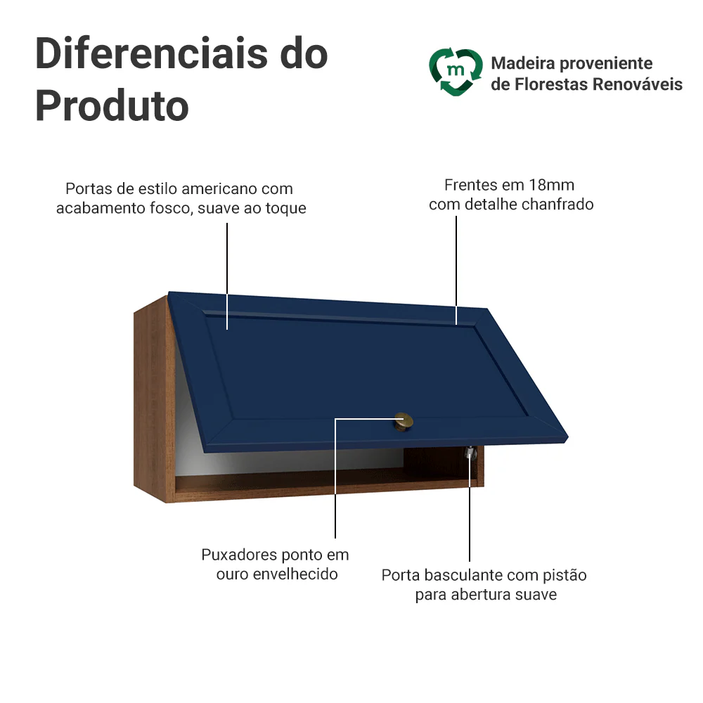 Armário Aéreo 60 cm 1 Porta Basculante Rustic/Azul Vik Madesa - Image 3