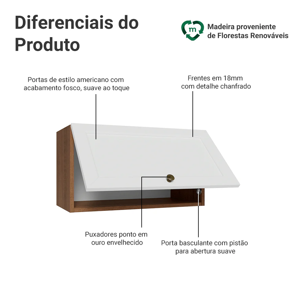 Armário Aéreo 60 cm 1 Porta Basculante Rustic/Branco Vik Madesa - Image 3