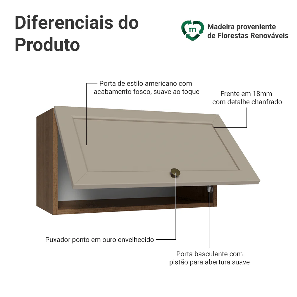 Armário Aéreo 60 cm 1 Porta Basculante Rustic/Crema Vik Madesa - Image 3