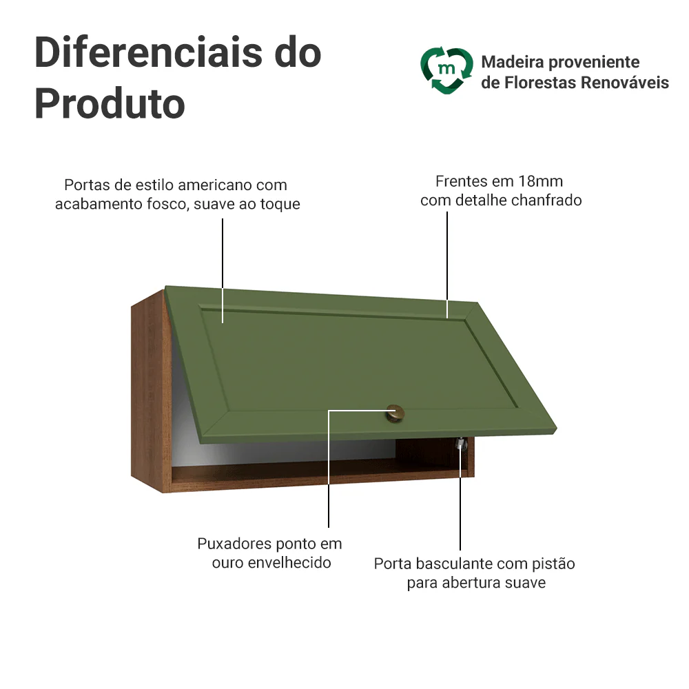 Armário Aéreo 60 cm 1 Porta Basculante Rustic/Verde Vik Madesa - Image 3