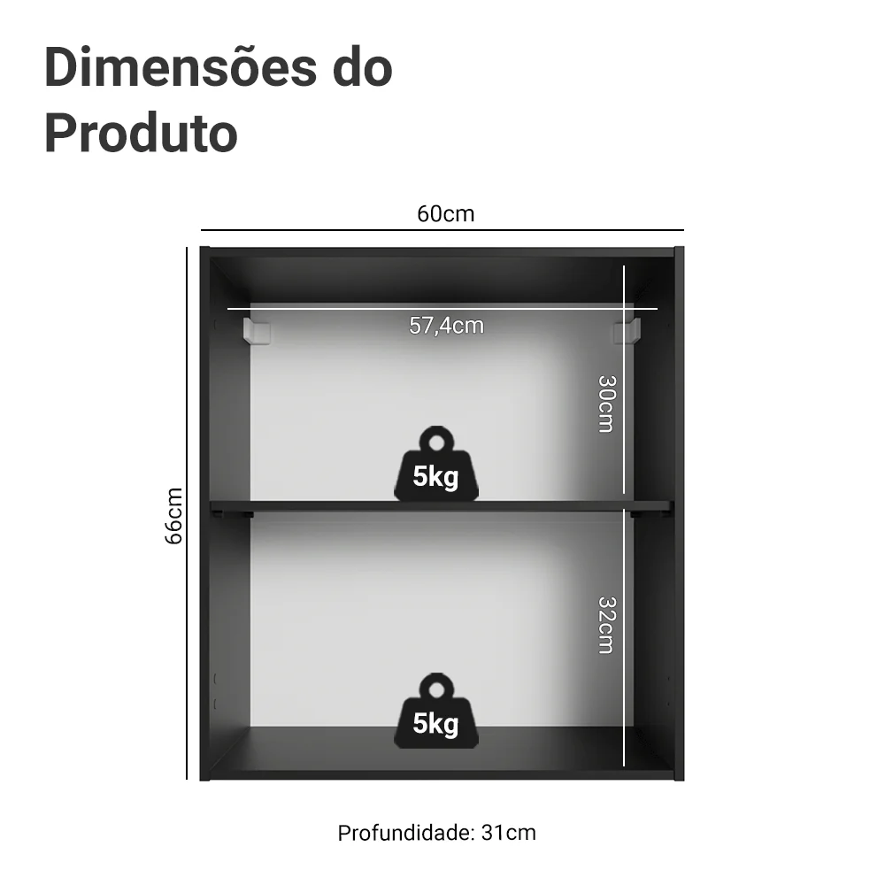 Armário Aéreo 60 cm 1 Porta Preto Nice Madesa - Image 2