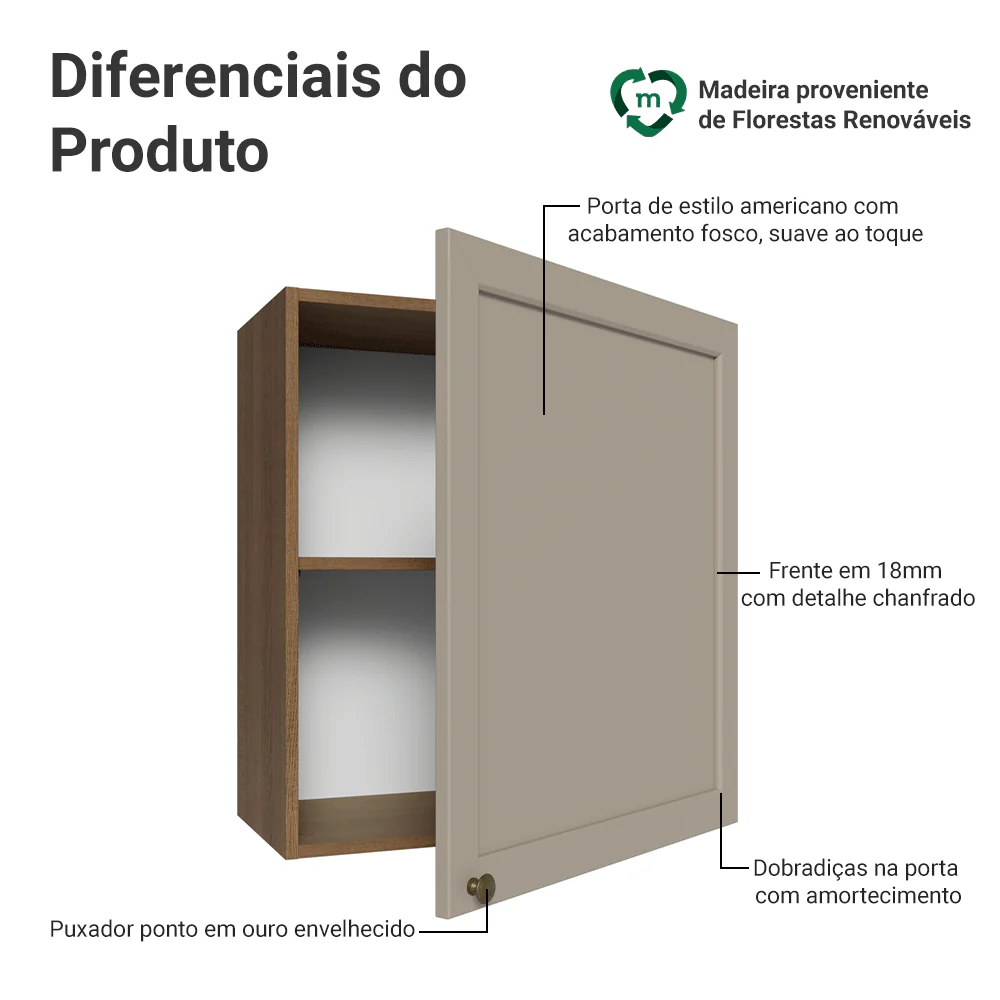 Armário Aéreo 60 cm 1 Porta Rustic/Crema Vik Madesa - Image 3