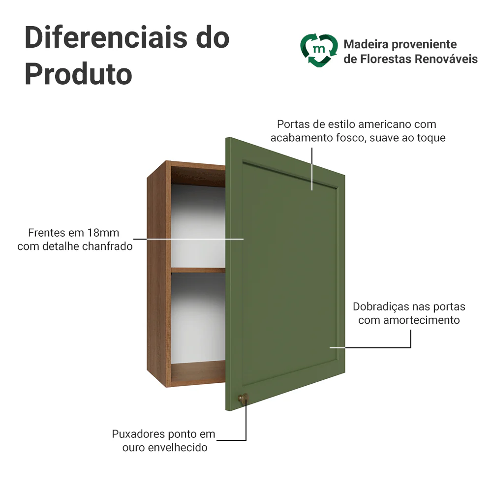 Armário Aéreo 60 cm 1 Porta Rustic/verde Vik Madesa - Image 3
