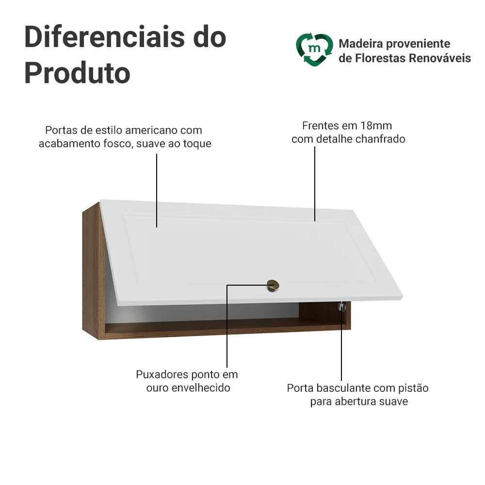 Armário Aéreo 70 cm 1 Porta Basculante Rustic/Branco Vik Madesa - Image 3