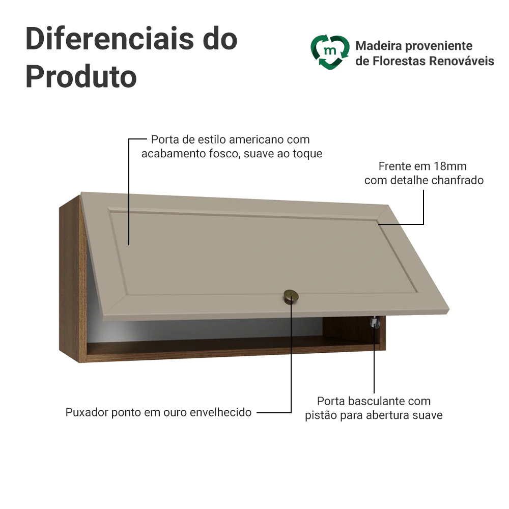 Armário Aéreo 70 cm 1 Porta Basculante Rustic/Crema Vik Madesa - Image 3