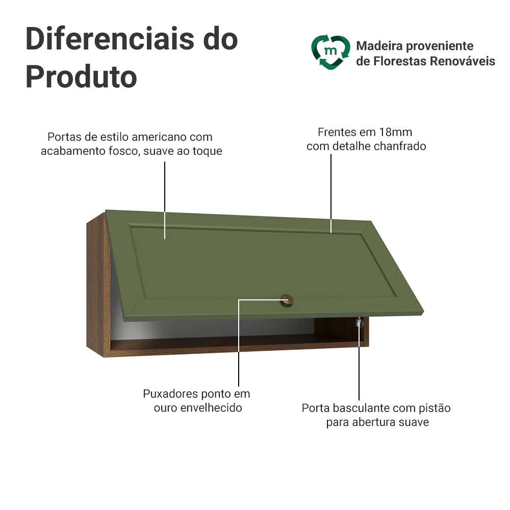 Armário Aéreo 70 cm 1 Porta Basculante Rustic/Verde Vik Madesa - Image 3