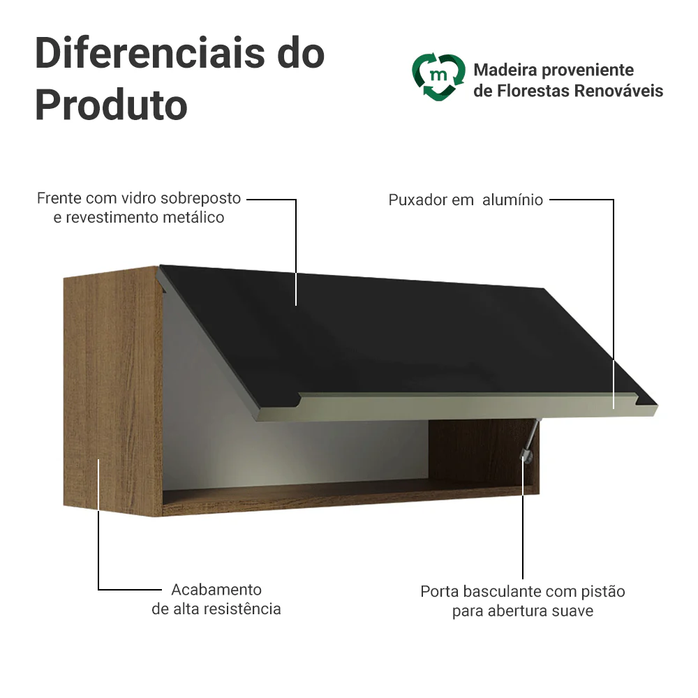 Armário Aéreo 70 cm 1 Porta Rustic/Preto Lux Madesa - Image 3