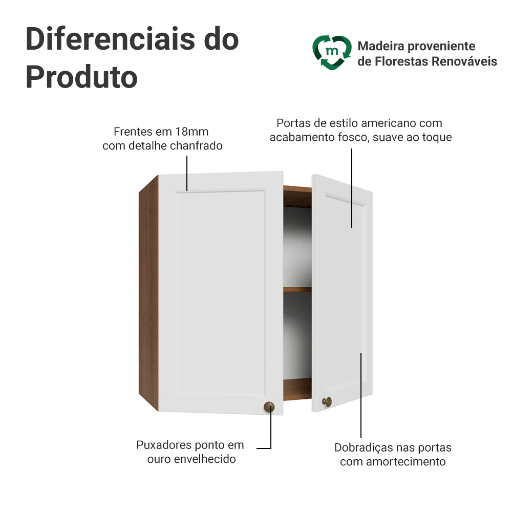 Armário Aéreo 70 cm 2 Portas Rustic/Branco Vik Madesa - Image 3