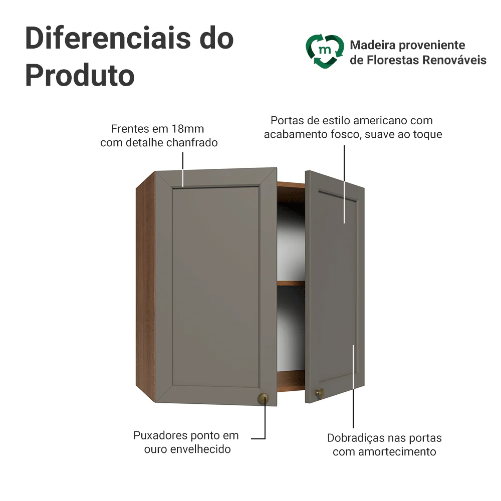 Armário Aéreo 70 cm 2 Portas Rustic/Cinza Vik Madesa - Image 3