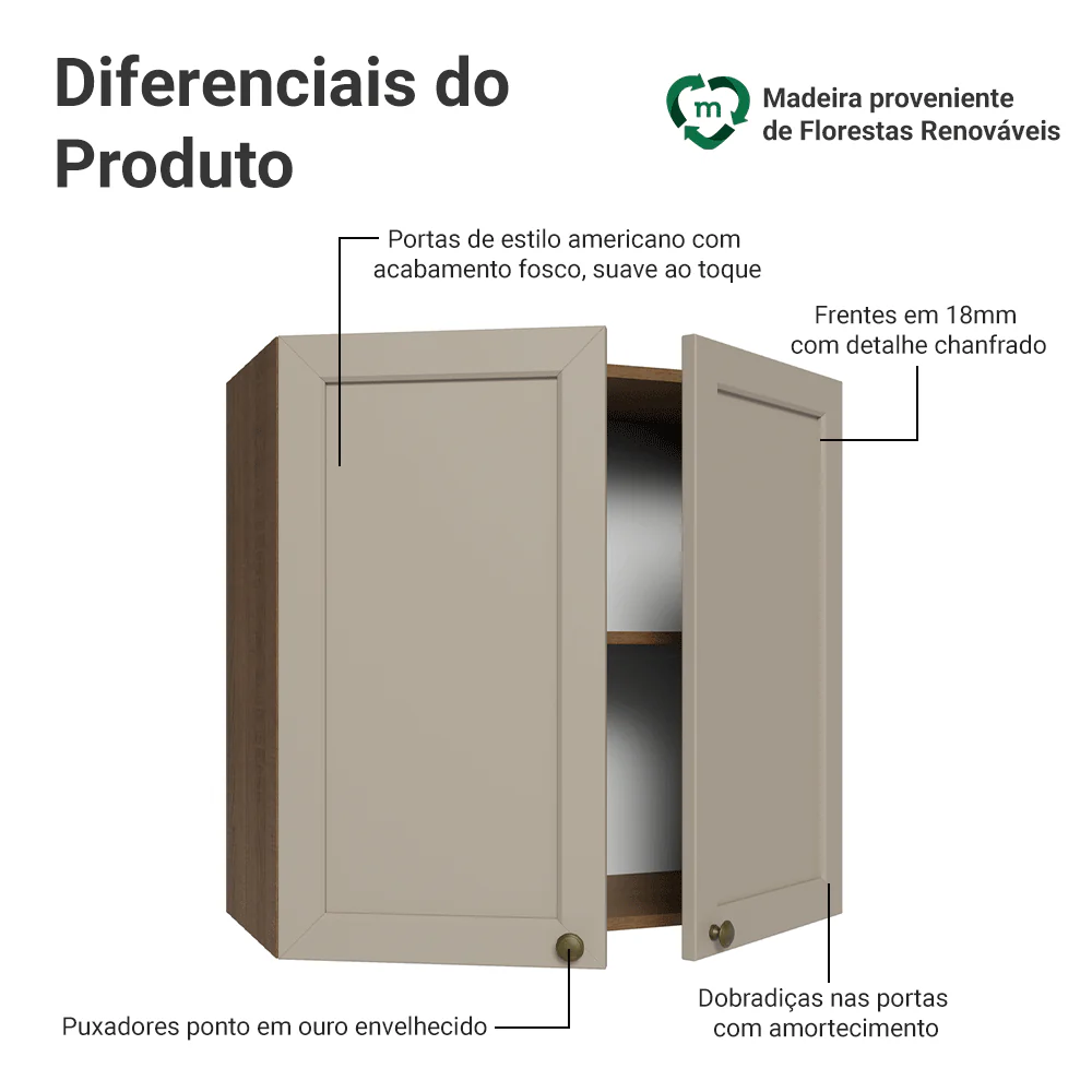 Armário Aéreo 70 cm 2 Portas Rustic/Crema Vik Madesa - Image 3