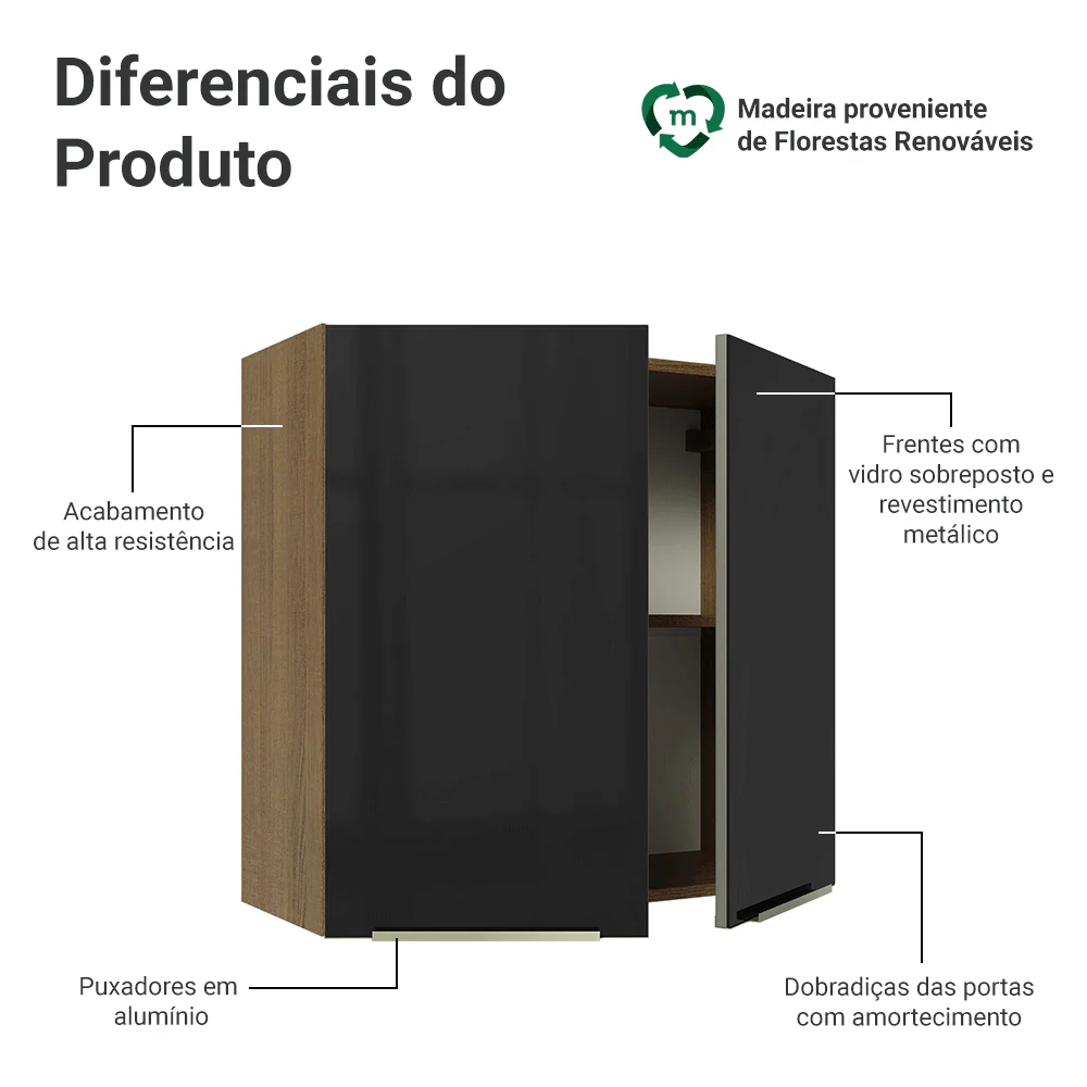 Armário Aéreo 70 cm 2 Portas Rustic/Preto Lux Madesa - Image 3