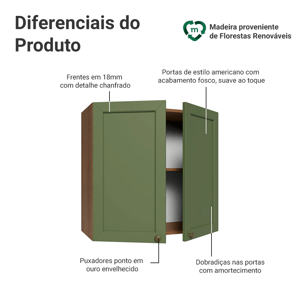 Armário Aéreo 70 cm 2 Portas Rustic/Verde Vik Madesa - Image 3